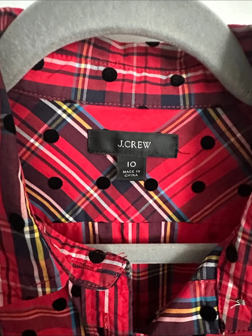 J. Crew Red Plaid Long-Sleeve Button-Up Shirt with Black Dot Accent